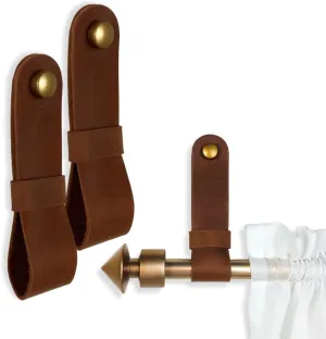 2 Pc Minimalist Design Leather Curtain Rod Bracket - Easy to Install Set of Universal Wall Hanging Strap Curtain Rod Holders with Screws and Plastic Wall Plugs - 4.8" x 1.2" (Cognac)