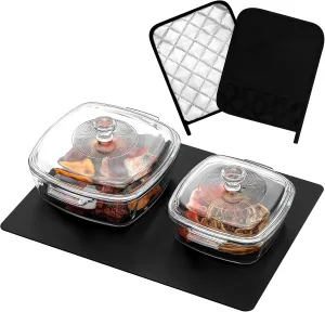 2 Pcs Glass Casserole Dish with Lid 1.5 L/ 0.8 l with Baking Gloves and Heat Resistant Silicone Mat Microwave Bowls with Handle for Kitchen Restaurant Home, Oven Safe