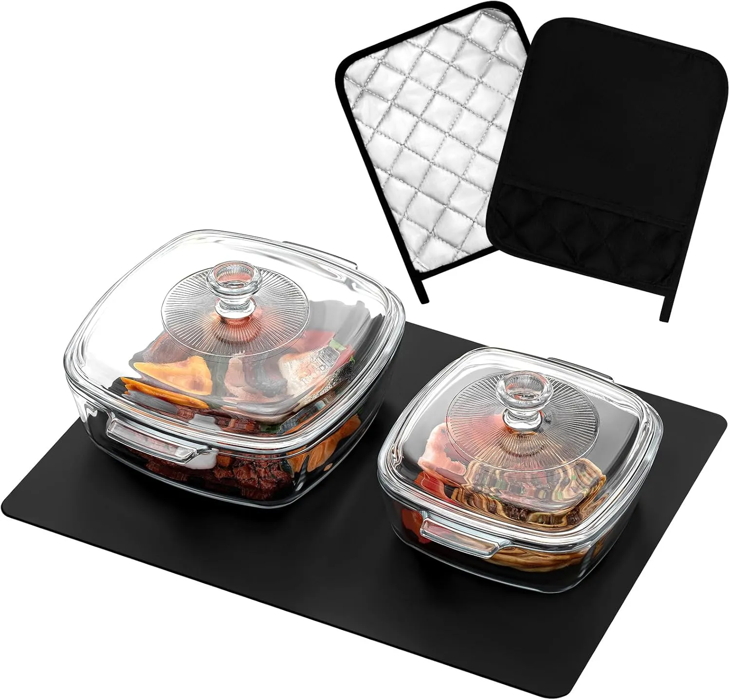 2 Pcs Glass Casserole Dish with Lid 1.5 L/ 0.8 l with Baking Gloves and Heat Resistant Silicone Mat Microwave Bowls with Handle for Kitchen Restaurant Home, Oven Safe