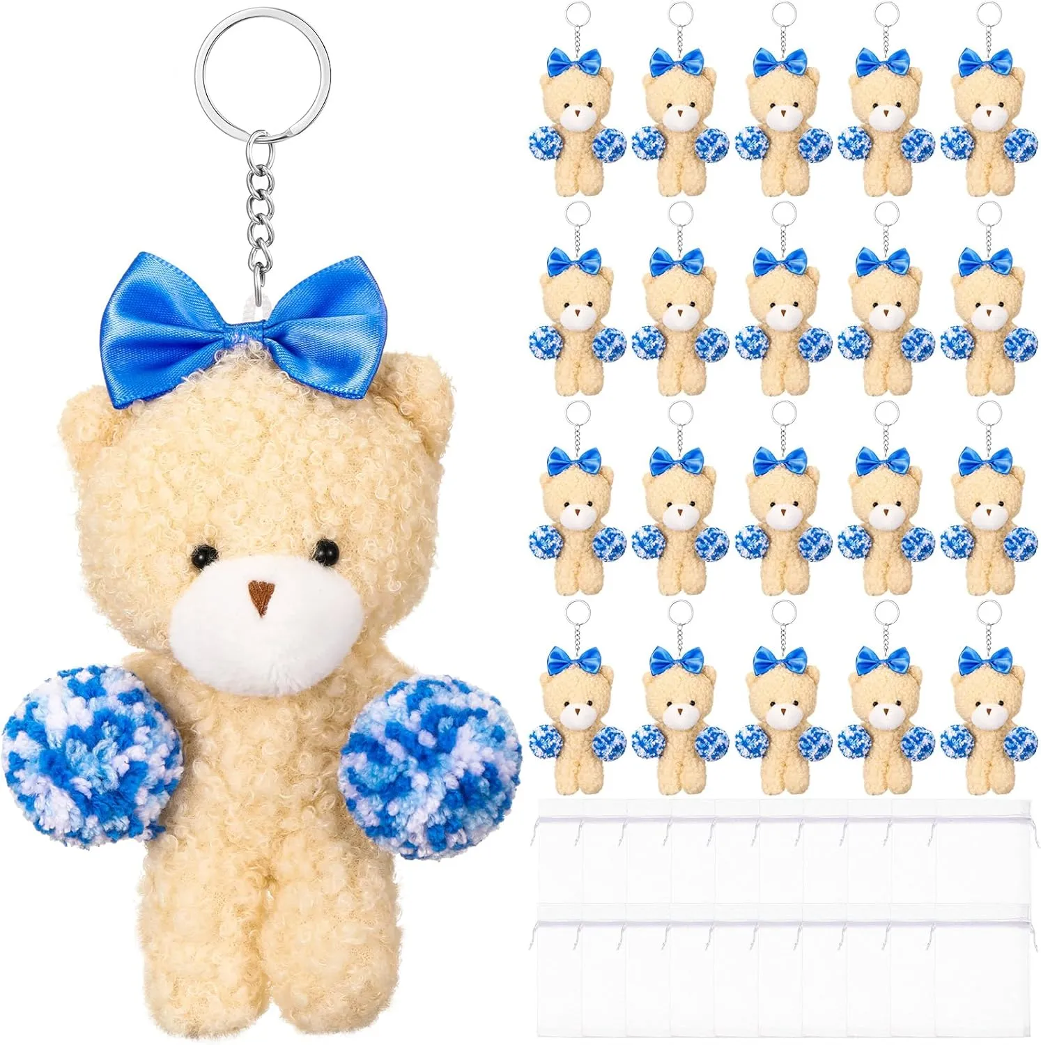 20 Sets Mini Bear Stuffed Animals Cheer Gifts Bulk Bear Keychains Soft Plush with White Organza Bags for Cheer Team Gift