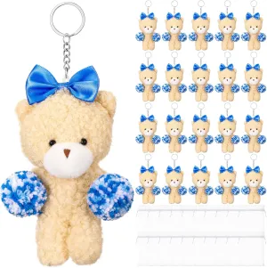 20 Sets Mini Bear Stuffed Animals Cheer Gifts Bulk Bear Keychains Soft Plush with White Organza Bags for Cheer Team Gift