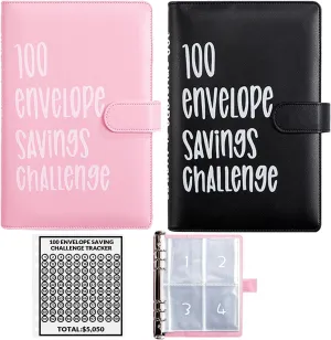 2PCS 100 Envelopes Money Saving Challenge, Envelopes Challenge Binder, Achieving Financial Goals with a Budget Binder and Cash Envelopes, Successfully Reach Your Savings Goals of $5,050 (Pink Black)