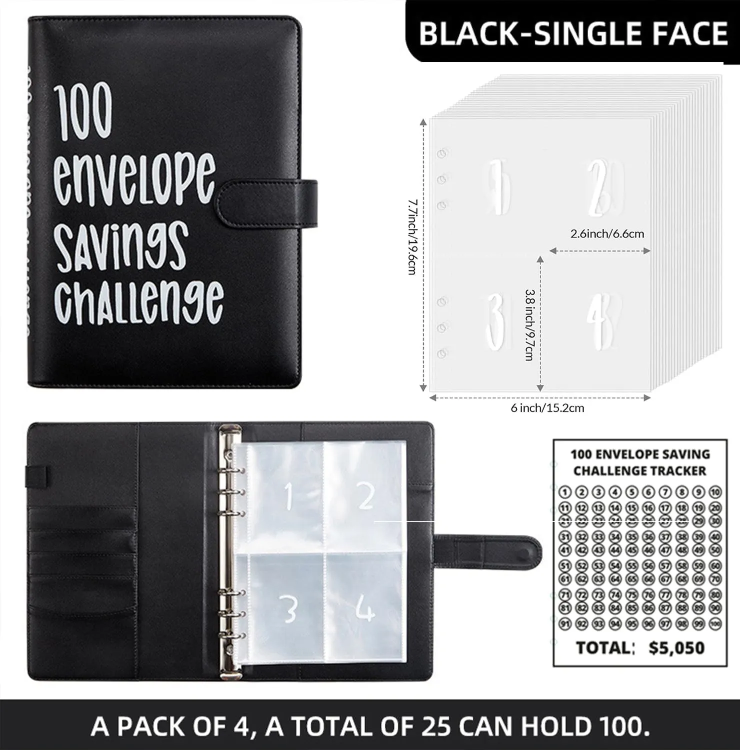 2PCS 100 Envelopes Money Saving Challenge, Envelopes Challenge Binder, Achieving Financial Goals with a Budget Binder and Cash Envelopes, Successfully Reach Your Savings Goals of $5,050 (Pink Black)