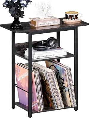 3 Tier Record Player Table, Industrial Turntable Stand with Storage Shelf Up to 100 Albums, Dark Gray Printer Stand for Office Fax Machine Files Scanner, End Side Table for Living Room