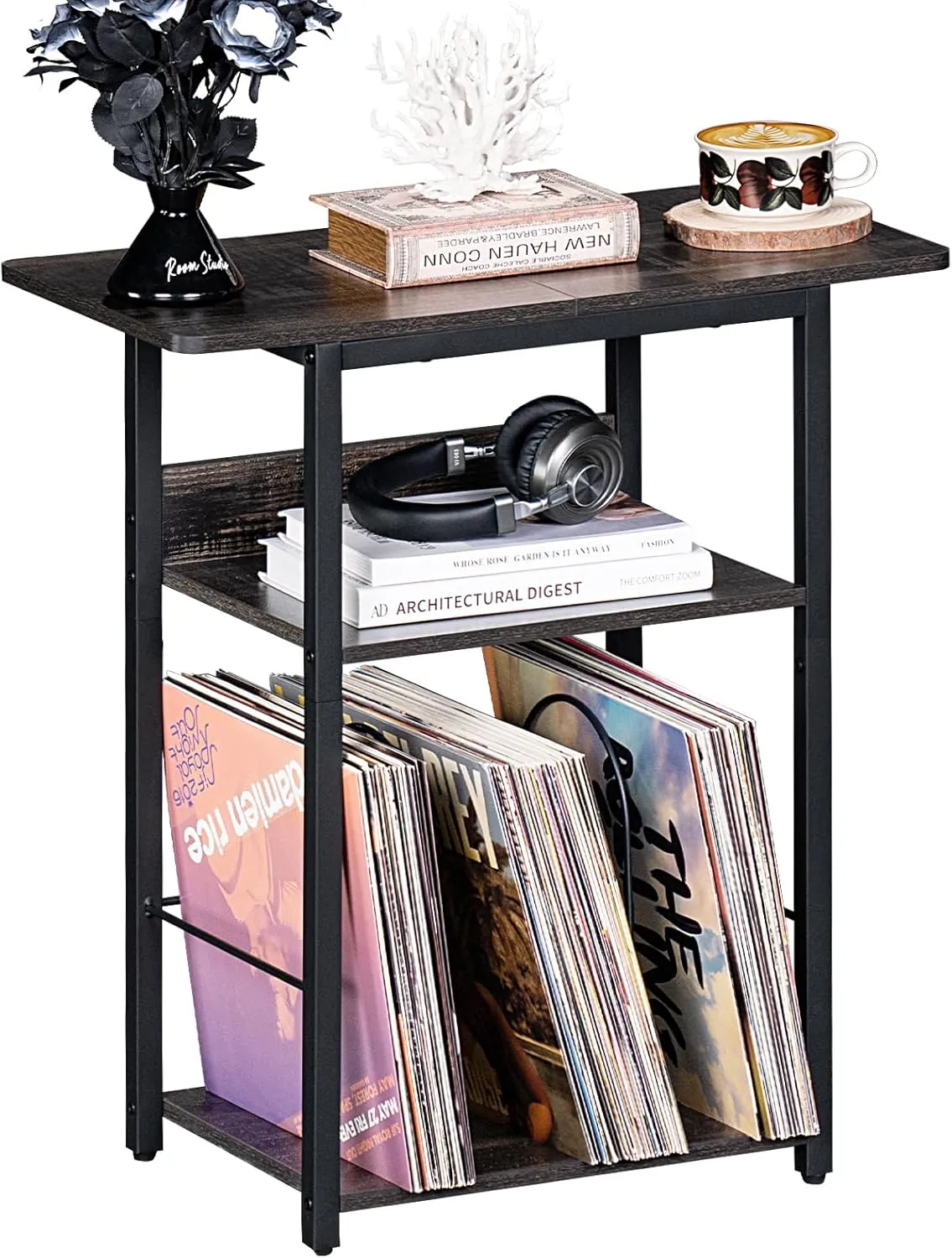 3 Tier Record Player Table, Industrial Turntable Stand with Storage Shelf Up to 100 Albums, Dark Gray Printer Stand for Office Fax Machine Files Scanner, End Side Table for Living Room