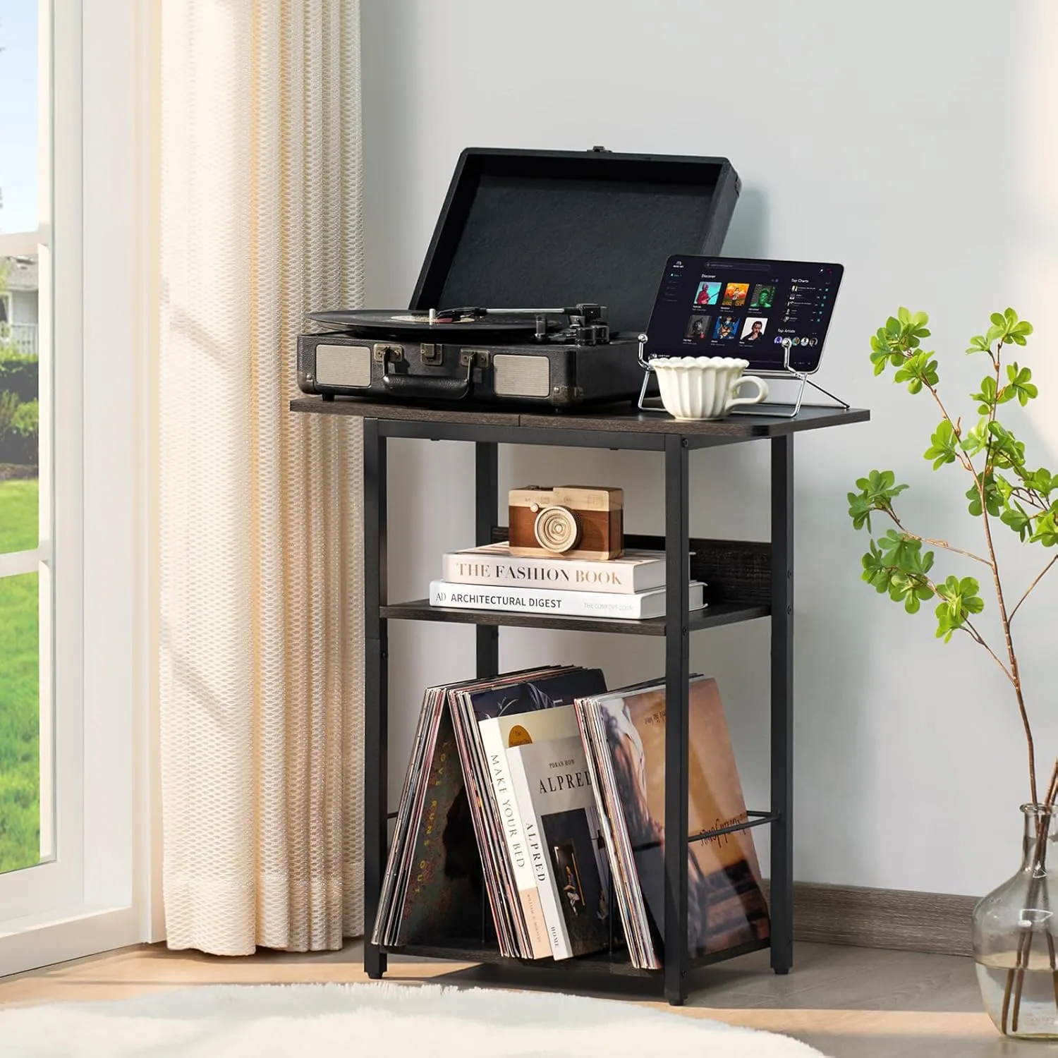 3 Tier Record Player Table, Industrial Turntable Stand with Storage Shelf Up to 100 Albums, Dark Gray Printer Stand for Office Fax Machine Files Scanner, End Side Table for Living Room