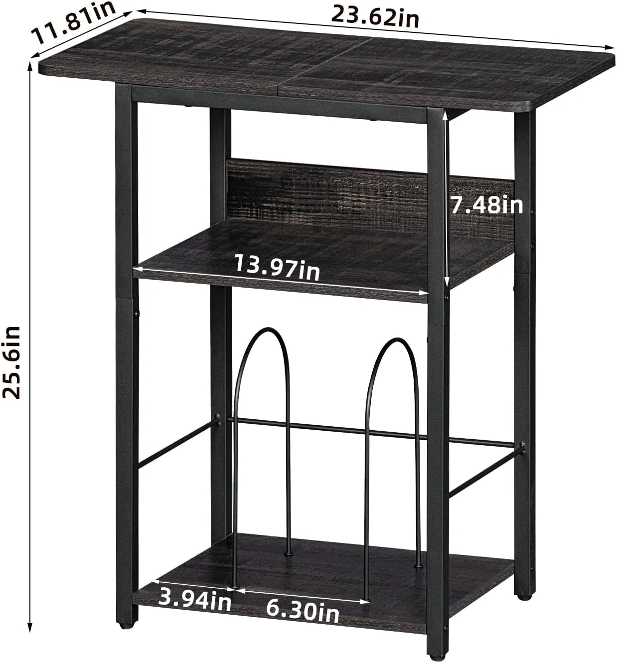 3 Tier Record Player Table, Industrial Turntable Stand with Storage Shelf Up to 100 Albums, Dark Gray Printer Stand for Office Fax Machine Files Scanner, End Side Table for Living Room