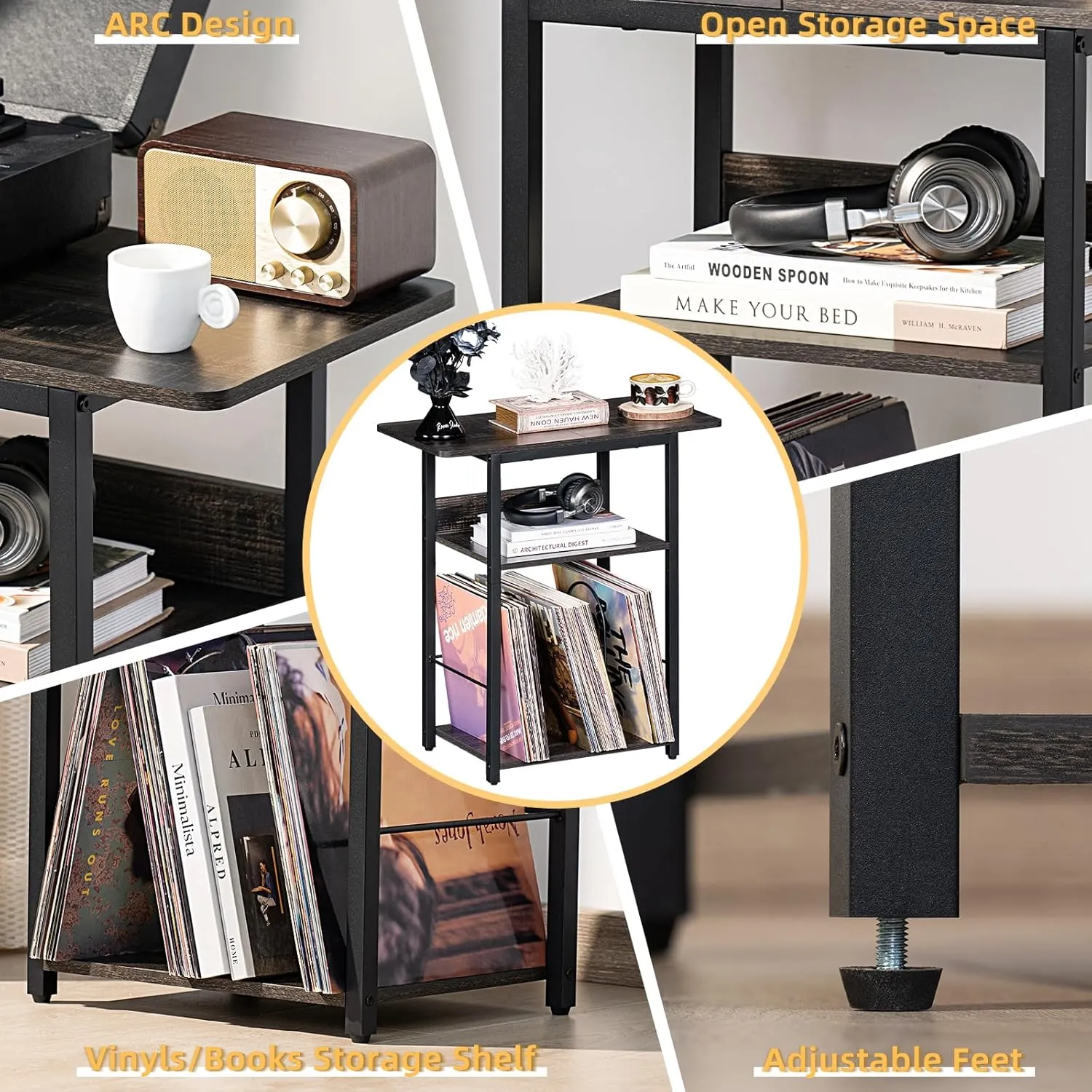 3 Tier Record Player Table, Industrial Turntable Stand with Storage Shelf Up to 100 Albums, Dark Gray Printer Stand for Office Fax Machine Files Scanner, End Side Table for Living Room