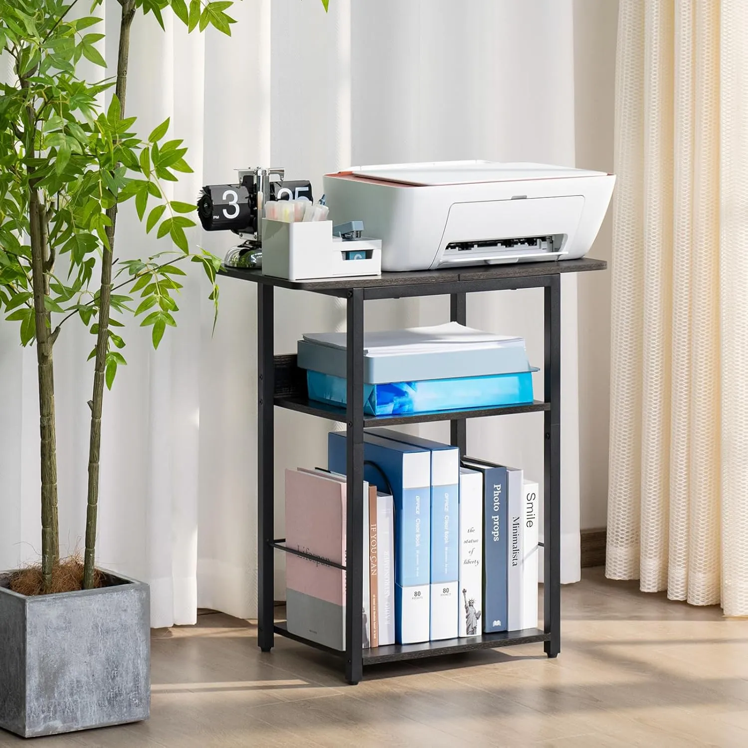 3 Tier Record Player Table, Industrial Turntable Stand with Storage Shelf Up to 100 Albums, Dark Gray Printer Stand for Office Fax Machine Files Scanner, End Side Table for Living Room
