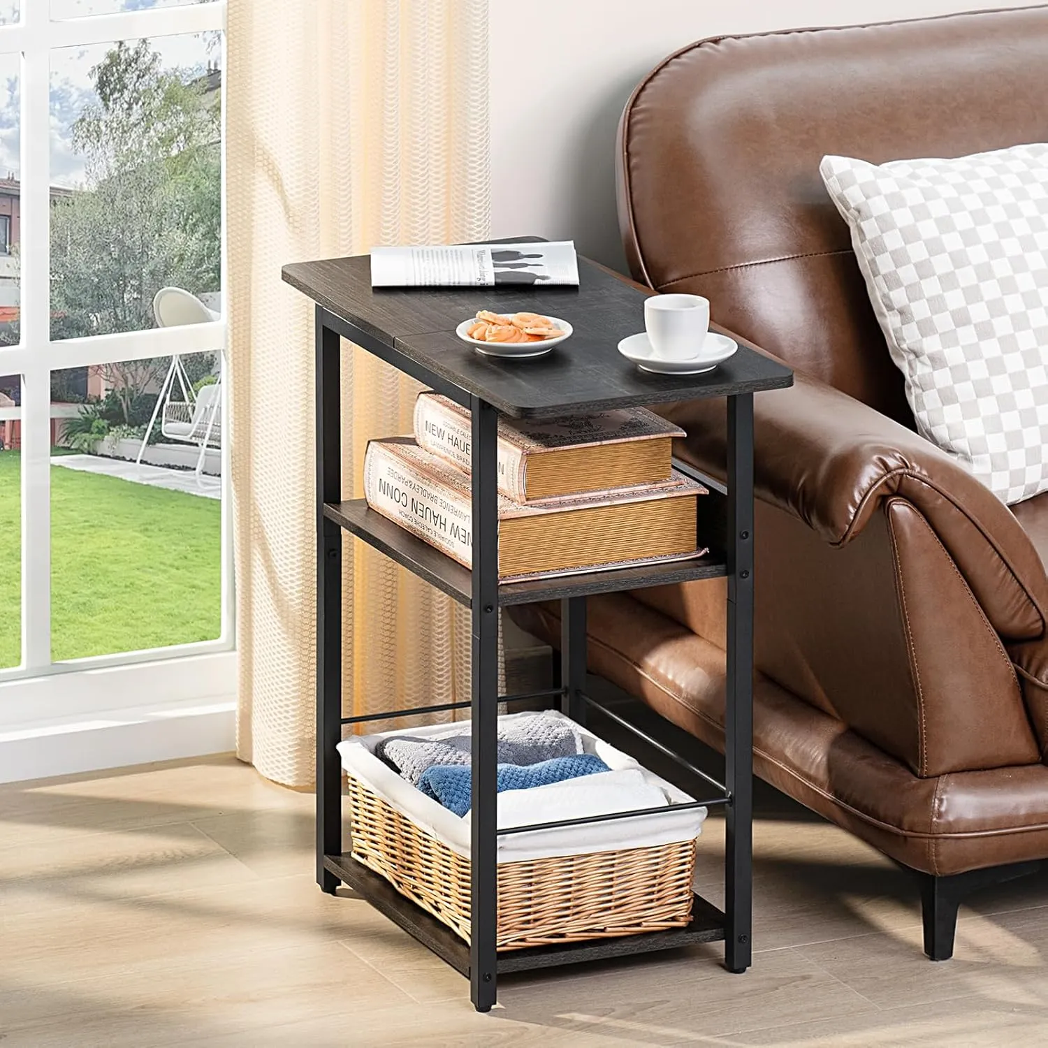 3 Tier Record Player Table, Industrial Turntable Stand with Storage Shelf Up to 100 Albums, Dark Gray Printer Stand for Office Fax Machine Files Scanner, End Side Table for Living Room