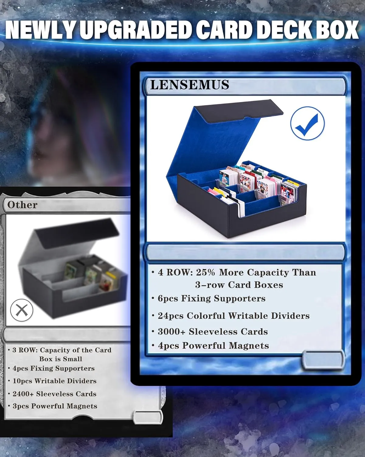 3000  Trading Card Storage Box - 6 Fixing Supporters, 4 Rows MTG Cards Deck Box with 24 Colorful Dividers & Strong Magnet, Commander Cards Case for TCG Yugioh Magic Game Card (Blue)