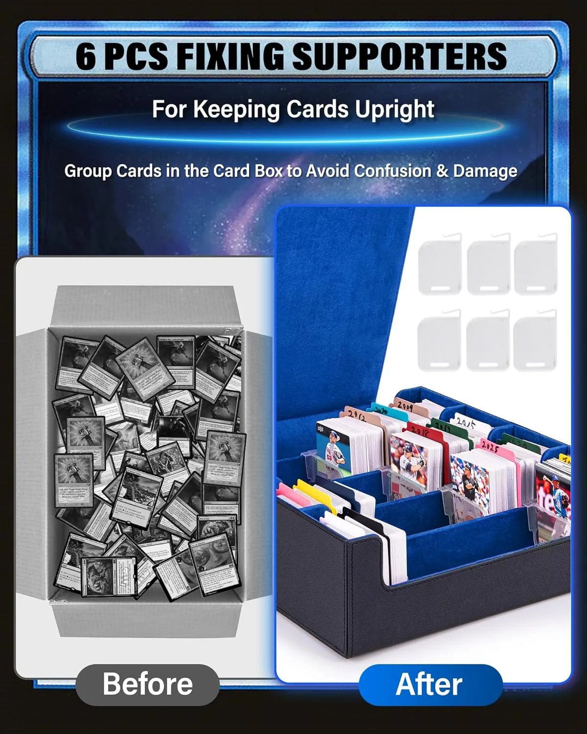 3000  Trading Card Storage Box - 6 Fixing Supporters, 4 Rows MTG Cards Deck Box with 24 Colorful Dividers & Strong Magnet, Commander Cards Case for TCG Yugioh Magic Game Card (Blue)