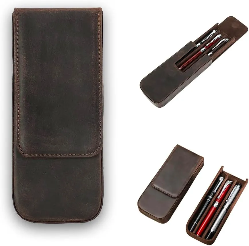 3/12 Leather Fountain Pen Case Portable Magnetic Suction Ballpoint Rollerball Pens or Pencils Case Pouch (Brown)…