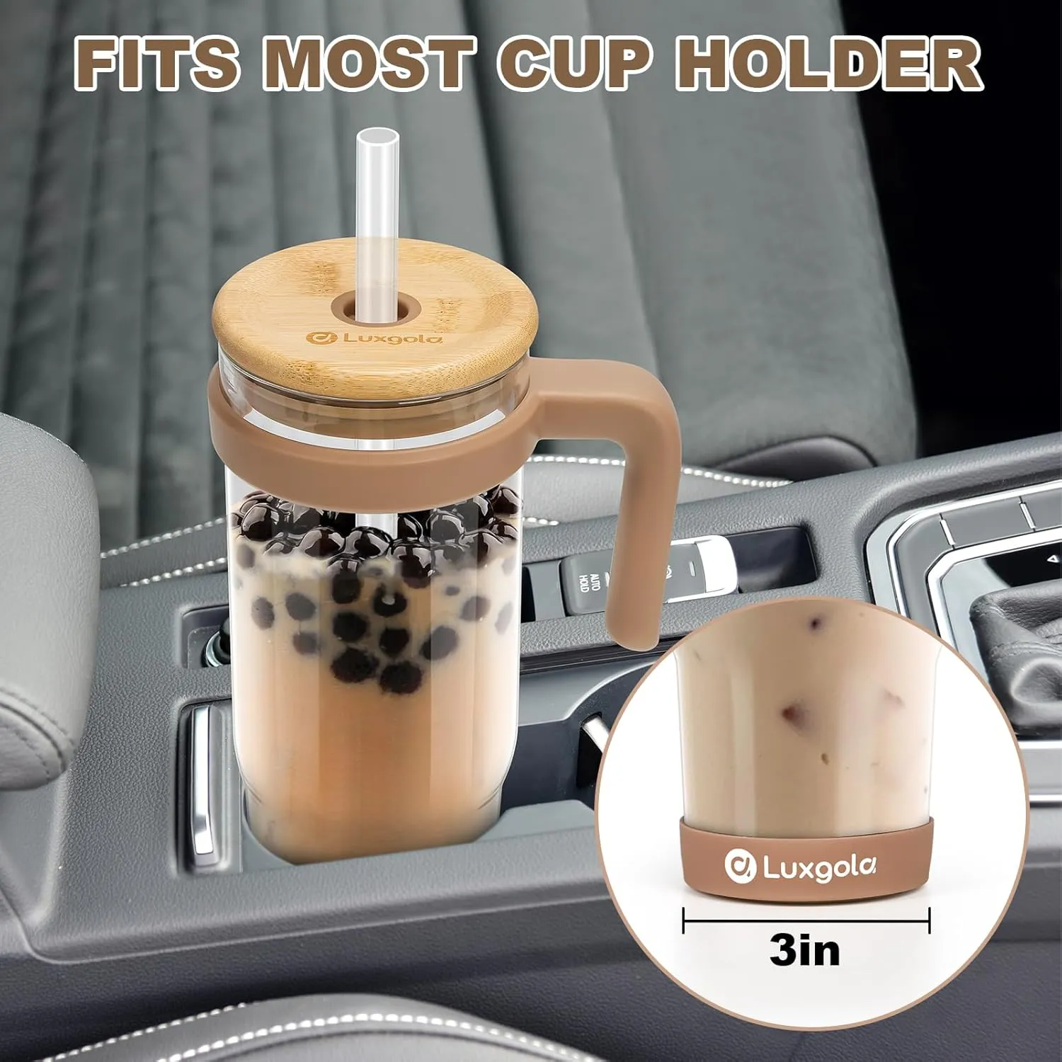 32 oz Glass Tumbler with Handle, Iced Coffee Cup with Bamboo Lid and Straws, Reusable Clear Glass Water Cup With Silicone Bumper - Fits in Car Cup Holder, Dishwasher Safe, BPA Free - Khaki