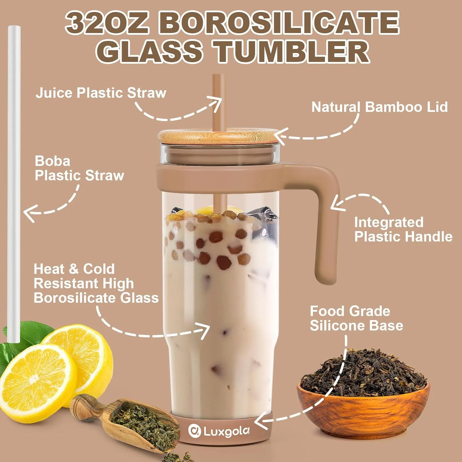 32 oz Glass Tumbler with Handle, Iced Coffee Cup with Bamboo Lid and Straws, Reusable Clear Glass Water Cup With Silicone Bumper - Fits in Car Cup Holder, Dishwasher Safe, BPA Free - Khaki