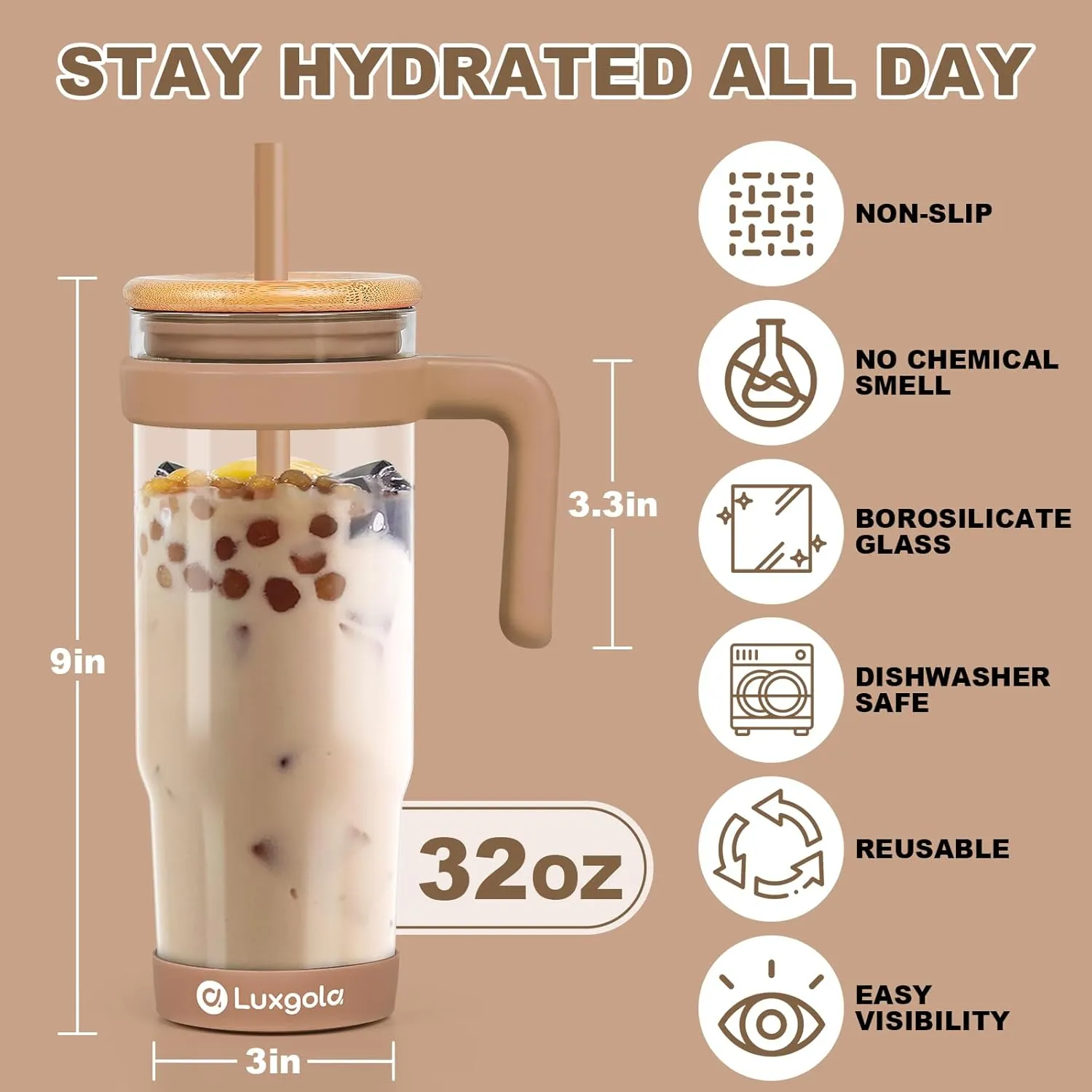 32 oz Glass Tumbler with Handle, Iced Coffee Cup with Bamboo Lid and Straws, Reusable Clear Glass Water Cup With Silicone Bumper - Fits in Car Cup Holder, Dishwasher Safe, BPA Free - Khaki