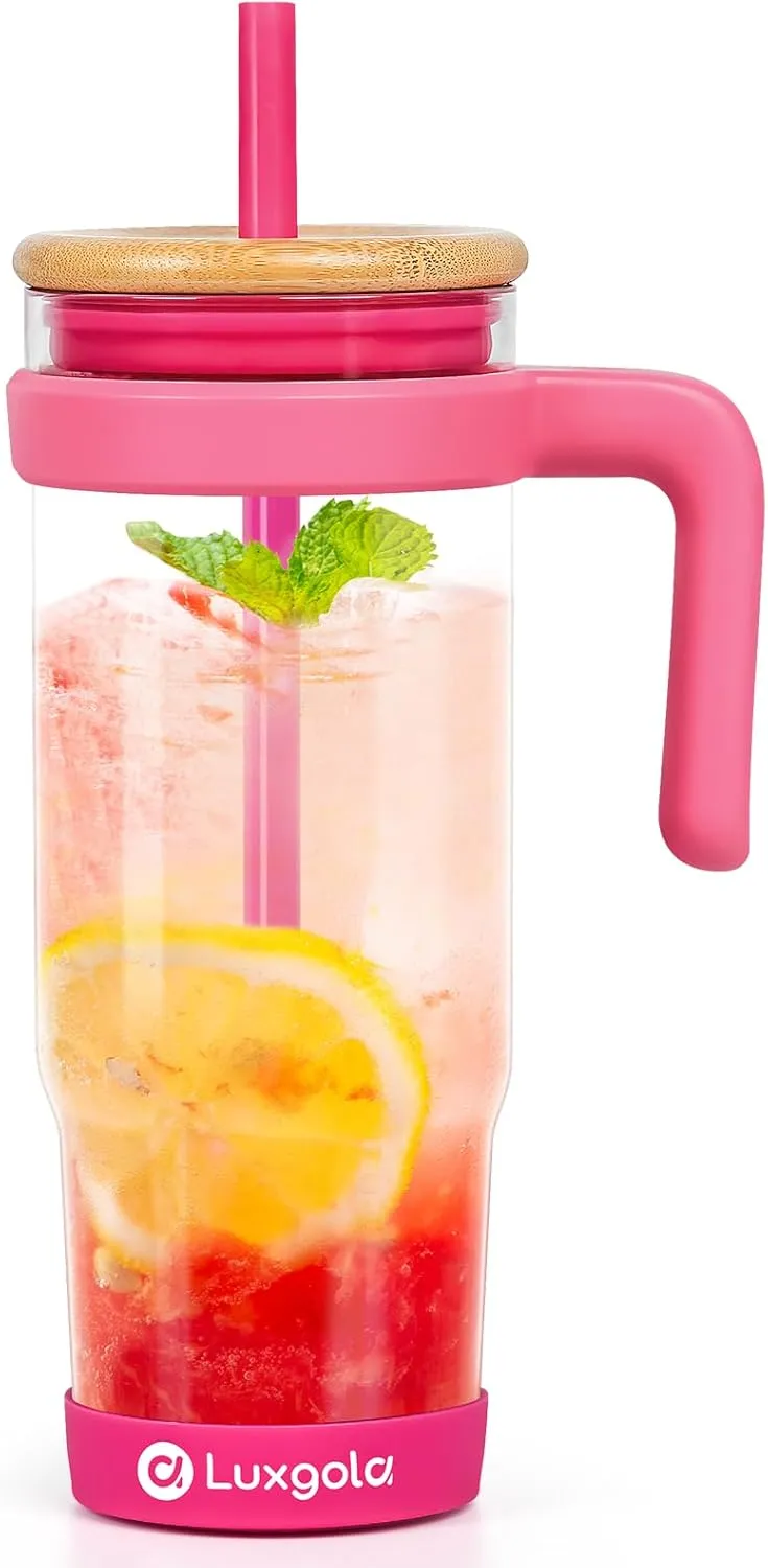 32 oz Glass Tumbler with Handle, Iced Coffee Cup with Bamboo Lid and Straws, Reusable Clear Glass Water Cup With Silicone Bumper - Fits in Car Cup Holder, Dishwasher Safe, BPA Free - Rose Red