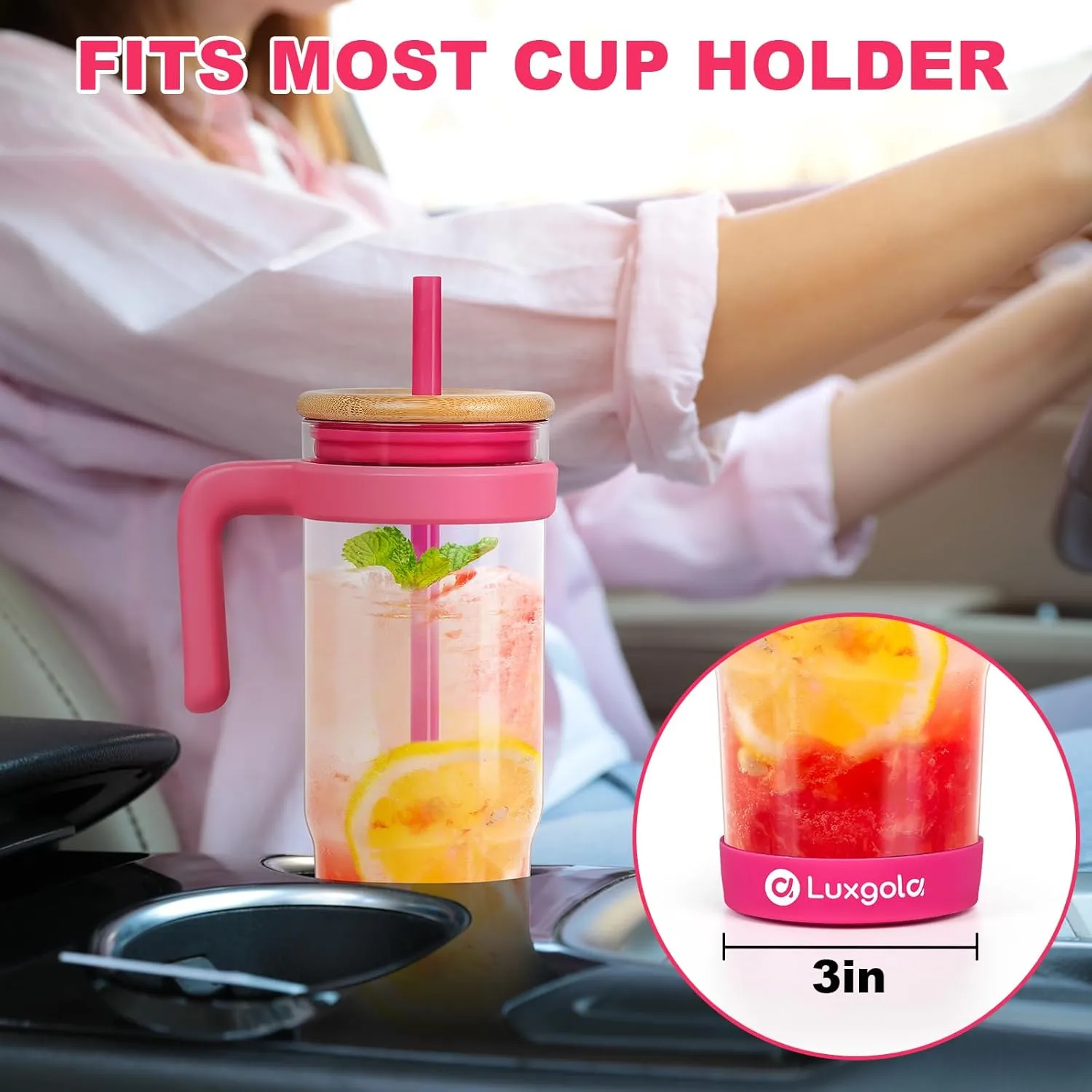 32 oz Glass Tumbler with Handle, Iced Coffee Cup with Bamboo Lid and Straws, Reusable Clear Glass Water Cup With Silicone Bumper - Fits in Car Cup Holder, Dishwasher Safe, BPA Free - Rose Red