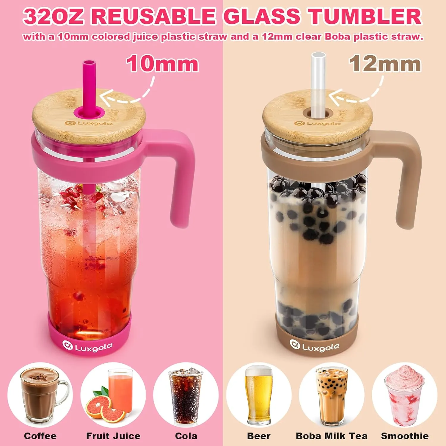 32 oz Glass Tumbler with Handle, Iced Coffee Cup with Bamboo Lid and Straws, Reusable Clear Glass Water Cup With Silicone Bumper - Fits in Car Cup Holder, Dishwasher Safe, BPA Free - Rose Red