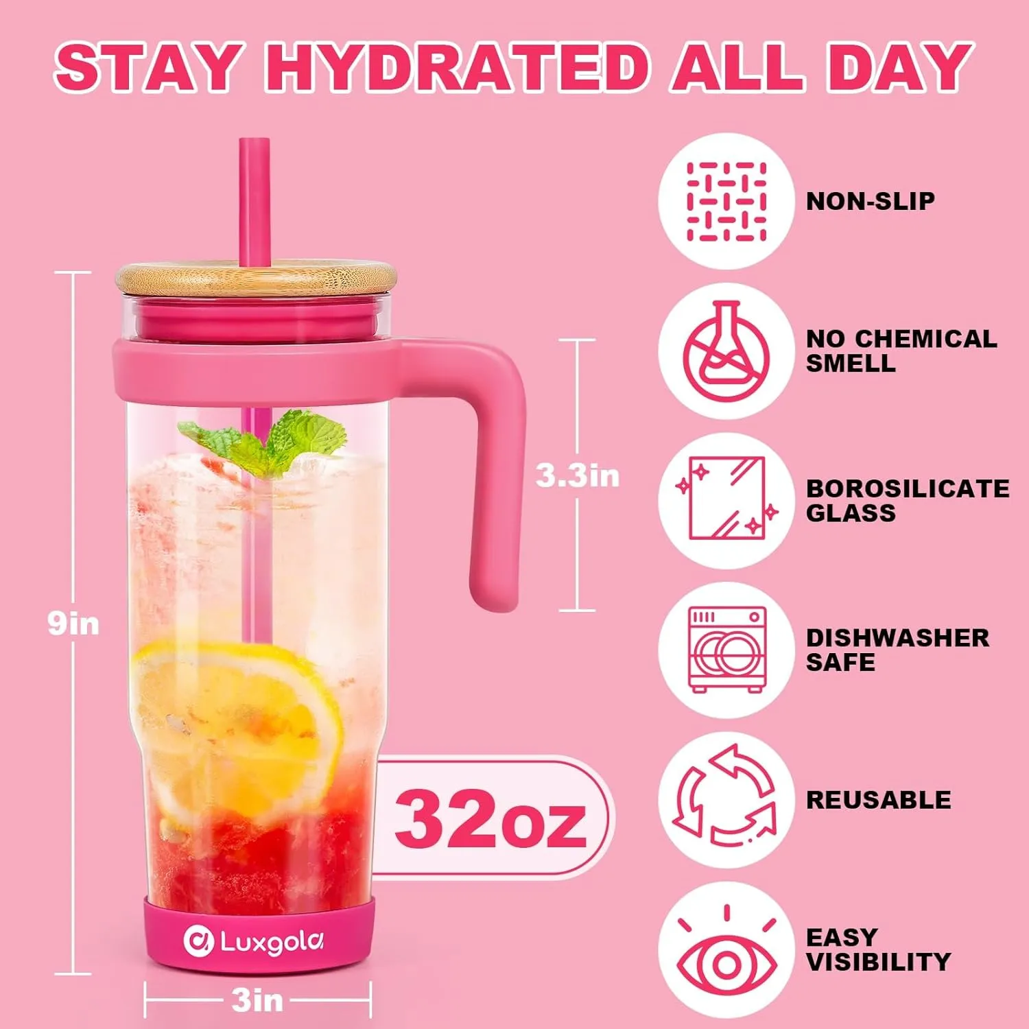 32 oz Glass Tumbler with Handle, Iced Coffee Cup with Bamboo Lid and Straws, Reusable Clear Glass Water Cup With Silicone Bumper - Fits in Car Cup Holder, Dishwasher Safe, BPA Free - Rose Red