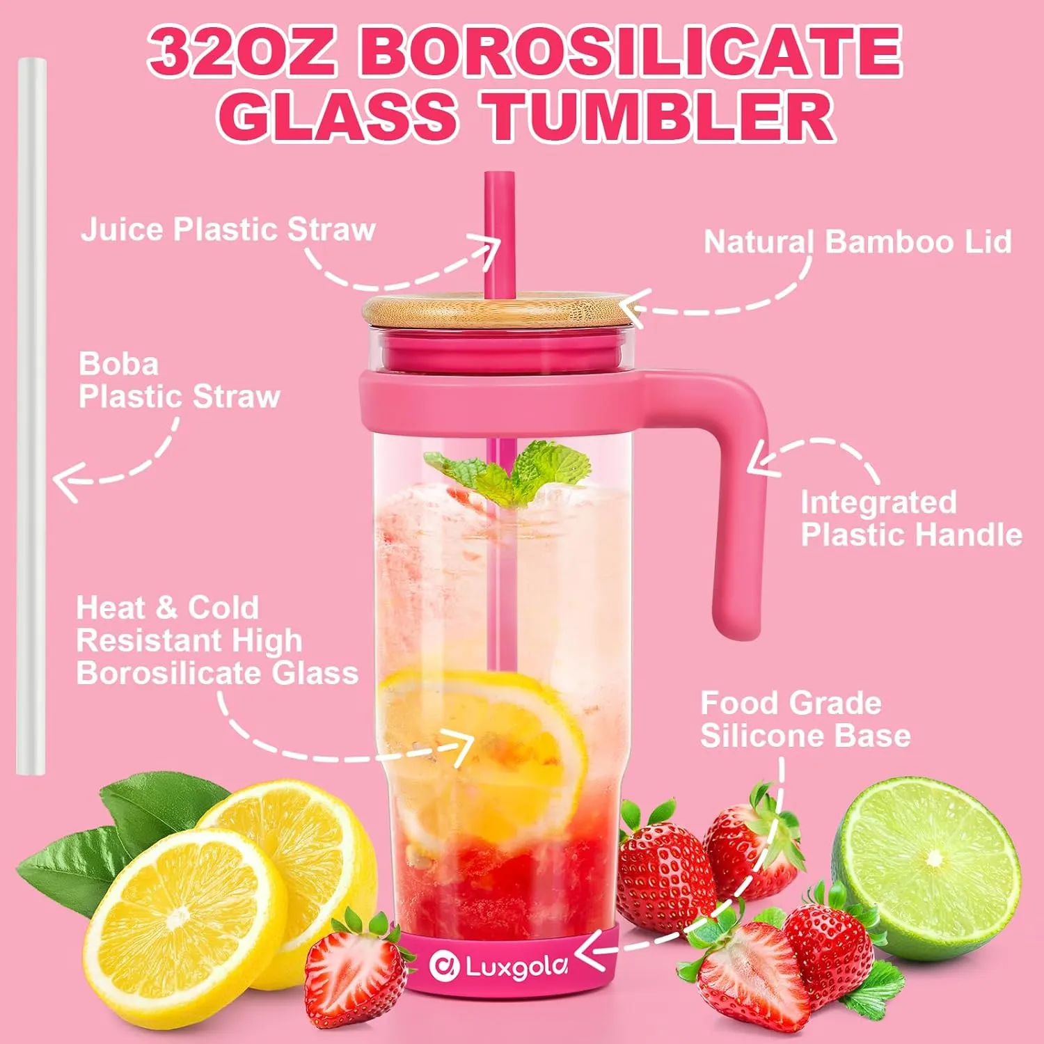 32 oz Glass Tumbler with Handle, Iced Coffee Cup with Bamboo Lid and Straws, Reusable Clear Glass Water Cup With Silicone Bumper - Fits in Car Cup Holder, Dishwasher Safe, BPA Free - Rose Red