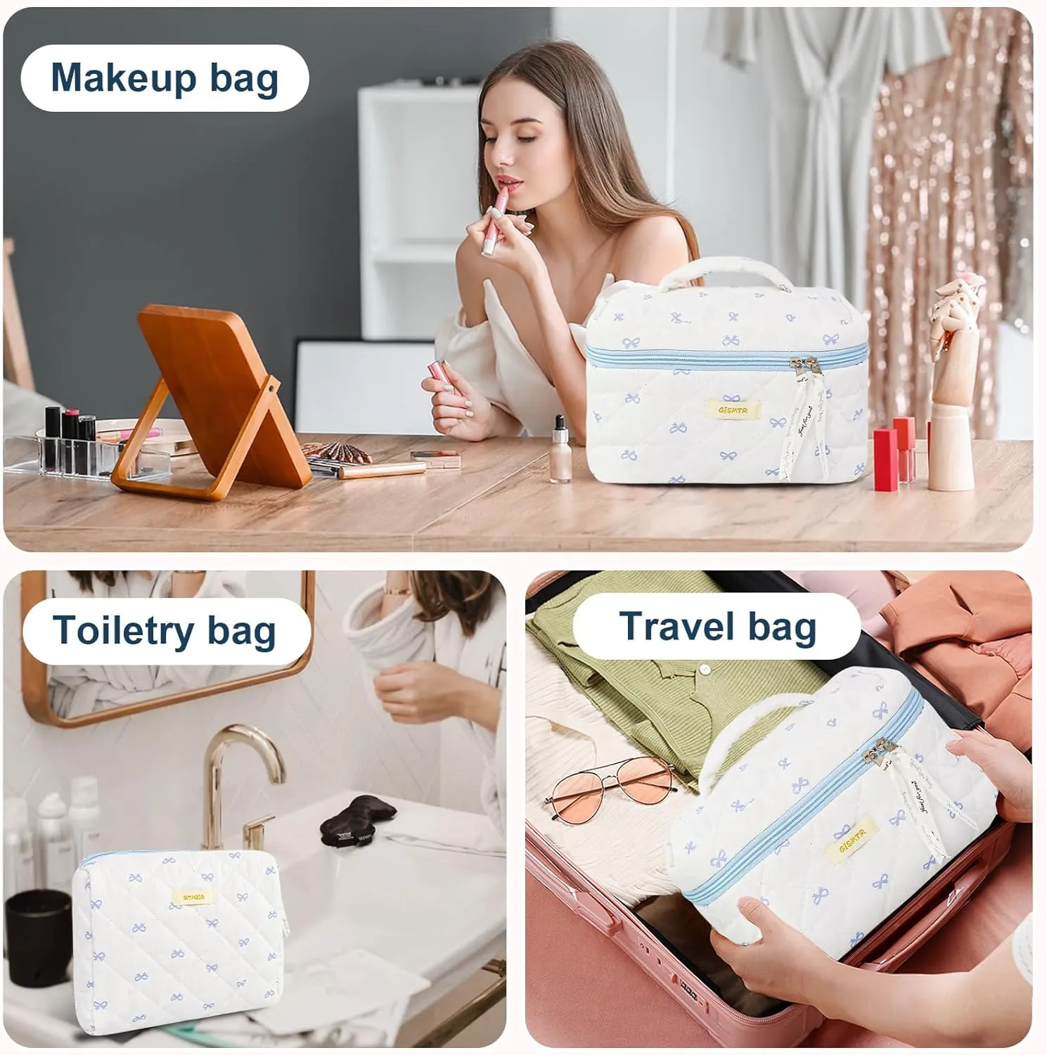 3PC Quilted Makeup Bag Set Cotton Bow Cosmetic Bag Large Coquette Make up Bags Aesthetic Toiletry Travel Organizer