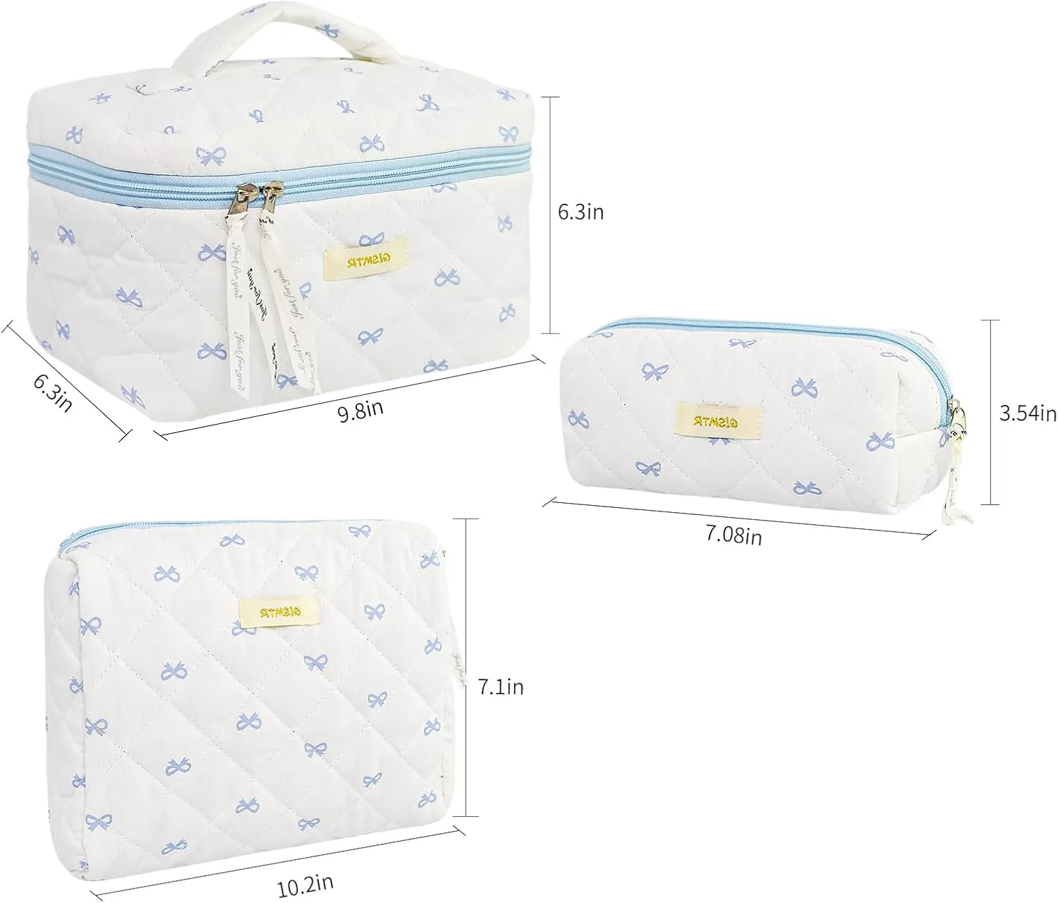 3PC Quilted Makeup Bag Set Cotton Bow Cosmetic Bag Large Coquette Make up Bags Aesthetic Toiletry Travel Organizer