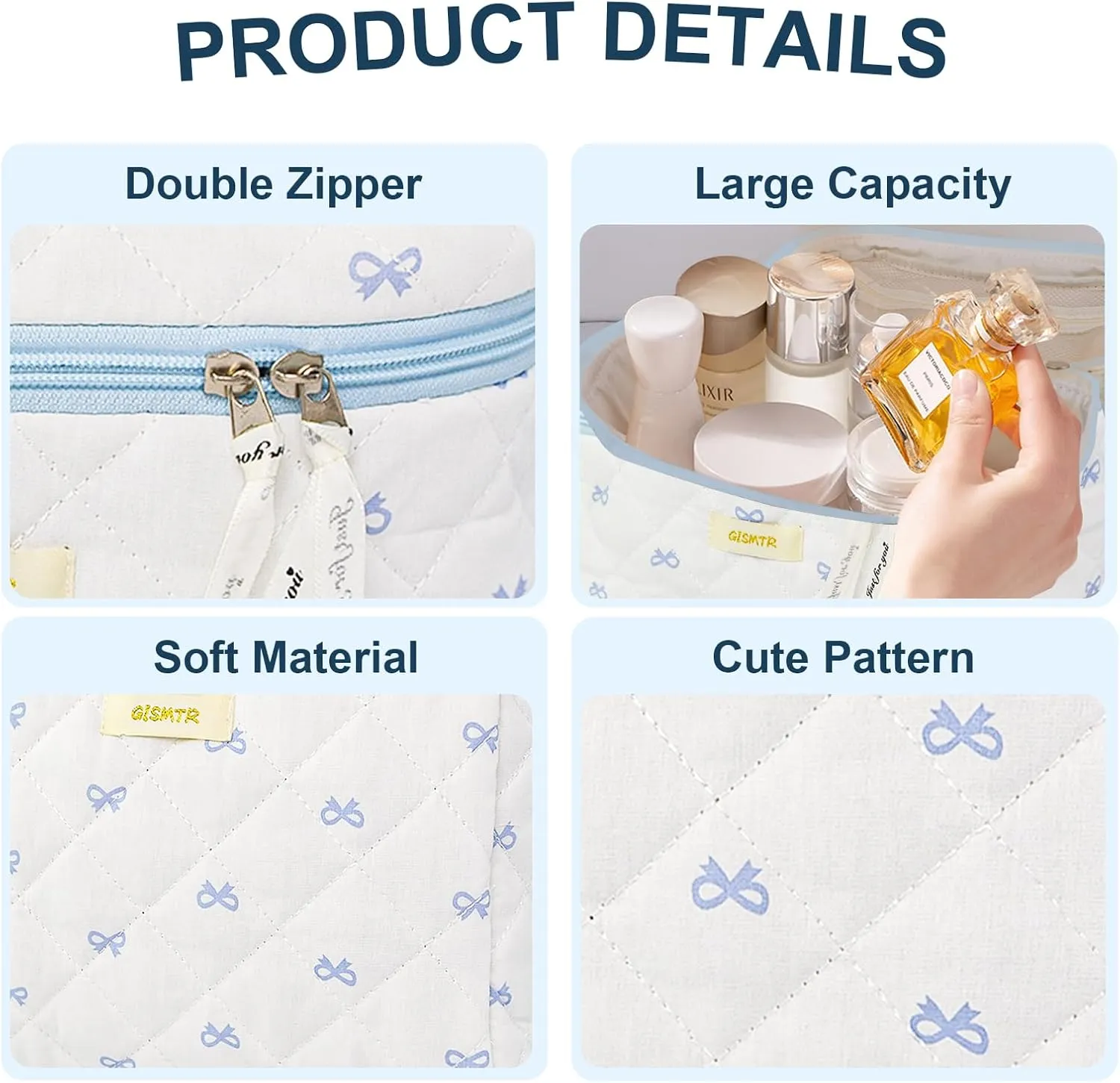 3PC Quilted Makeup Bag Set Cotton Bow Cosmetic Bag Large Coquette Make up Bags Aesthetic Toiletry Travel Organizer