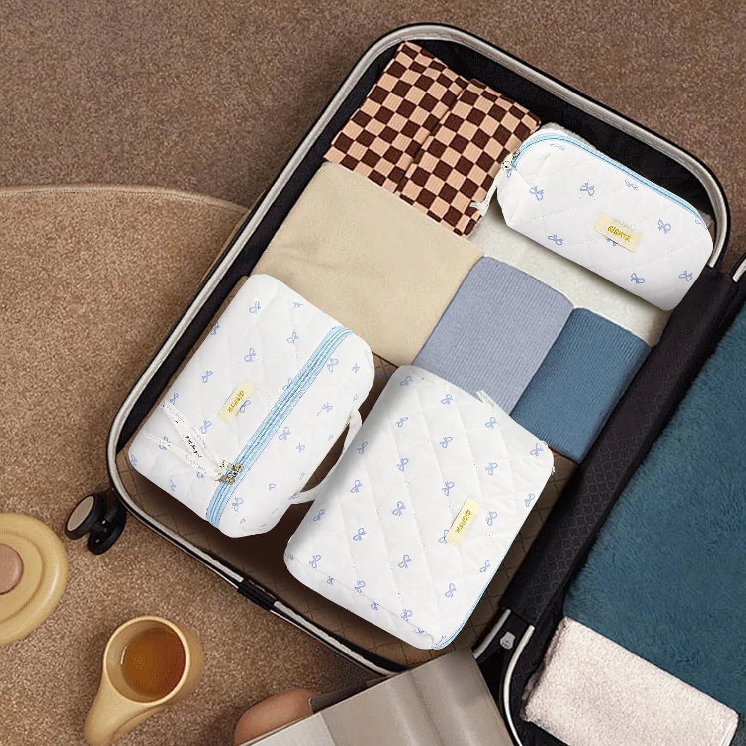 3PC Quilted Makeup Bag Set Cotton Bow Cosmetic Bag Large Coquette Make up Bags Aesthetic Toiletry Travel Organizer
