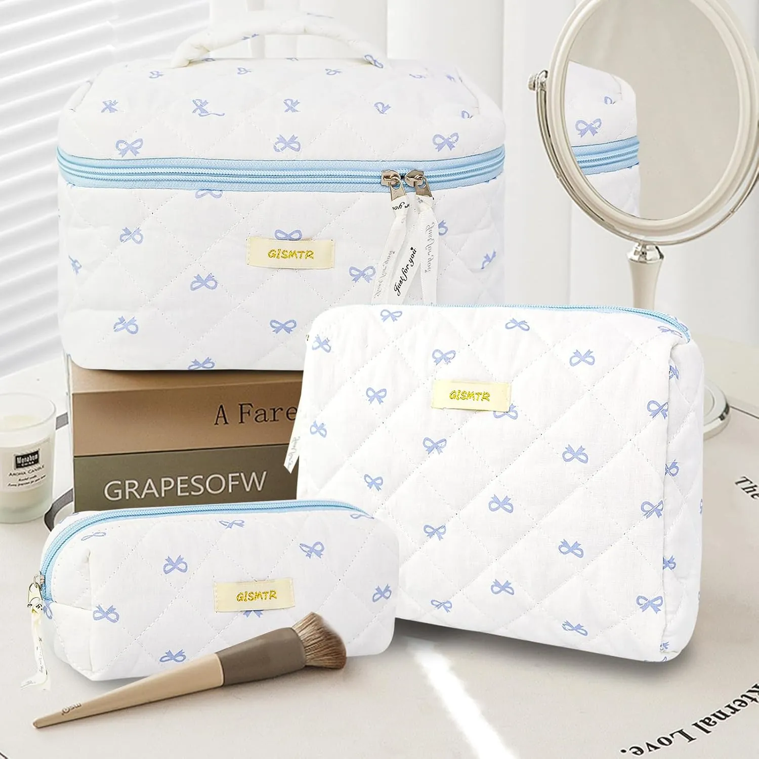 3PC Quilted Makeup Bag Set Cotton Bow Cosmetic Bag Large Coquette Make up Bags Aesthetic Toiletry Travel Organizer