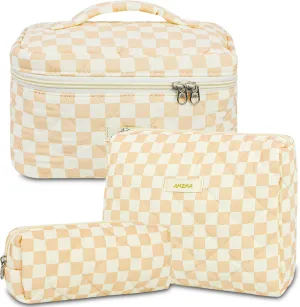 3Pcs Checkered Makeup Bag Quilted Travel Cosmetic Bag Organizer Coquette Toiletry Bag Make Up Bags for Women Girls