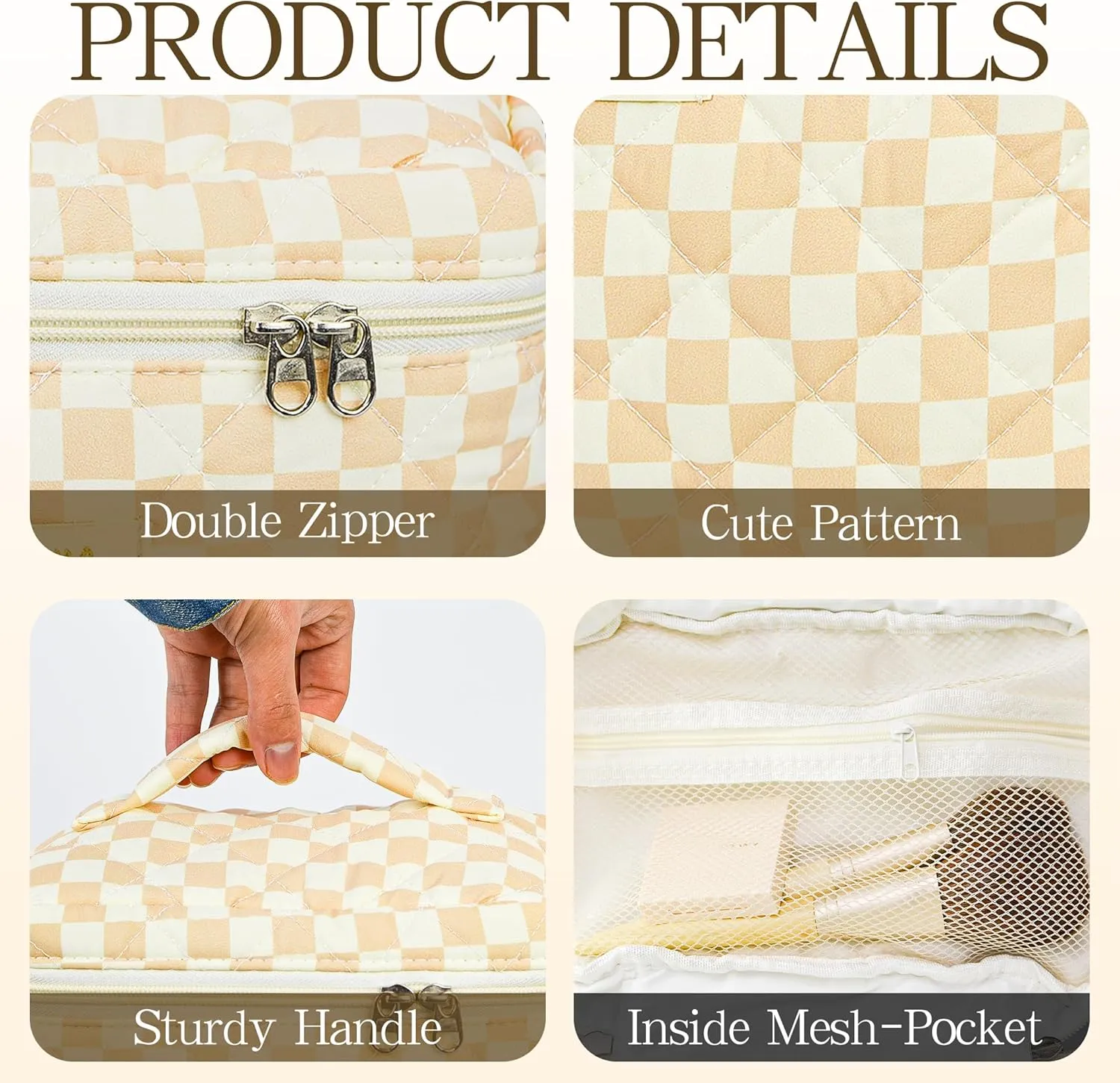 3Pcs Checkered Makeup Bag Quilted Travel Cosmetic Bag Organizer Coquette Toiletry Bag Make Up Bags for Women Girls