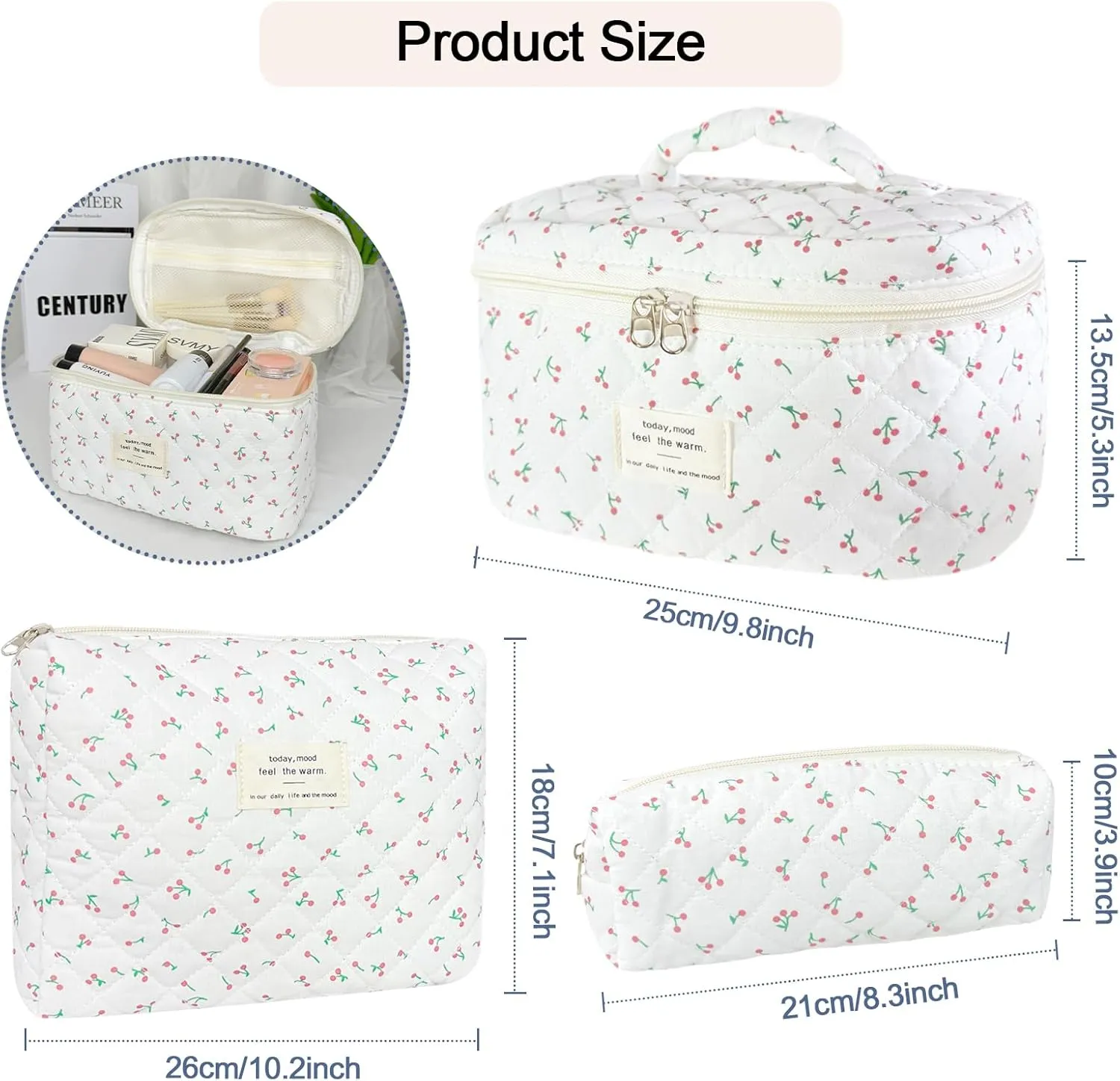 3Pcs Cotton Quilted Makeup Bag for Women Girls, Large Floral Cosmetic Bag Set Cute Makeup Brushes Aesthetic Accessories Storage Bag Flower Travel Toiletry Bag Organizer