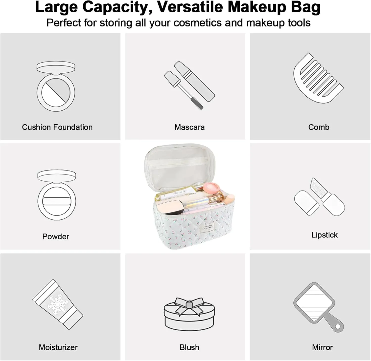 3Pcs Cotton Quilted Makeup Bag for Women Girls, Large Floral Cosmetic Bag Set Cute Makeup Brushes Aesthetic Accessories Storage Bag Flower Travel Toiletry Bag Organizer