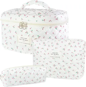 3Pcs Cotton Quilted Makeup Bag for Women Girls, Large Floral Cosmetic Bag Set Cute Makeup Brushes Aesthetic Accessories Storage Bag Flower Travel Toiletry Bag Organizer