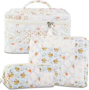 3PCS Makeup Bag Set, Cute Quilted Floral Cosmetic Bag, Large Travel Aesthetic Make up Bag, Coquette Makeup Pouch Toiletry Bag for Women Girls