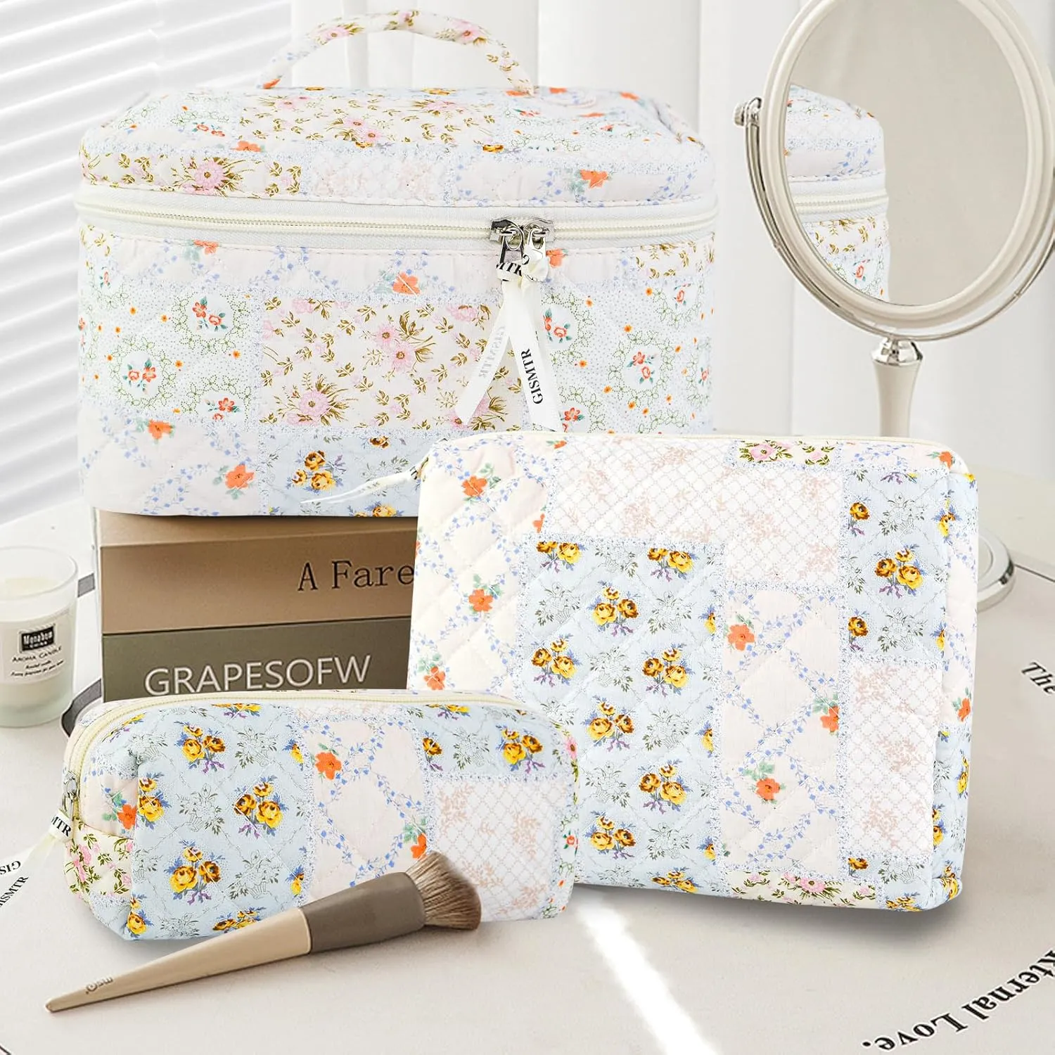 3PCS Makeup Bag Set, Cute Quilted Floral Cosmetic Bag, Large Travel Aesthetic Make up Bag, Coquette Makeup Pouch Toiletry Bag for Women Girls