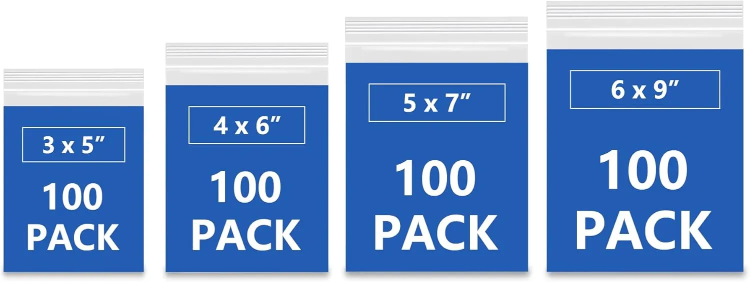 3" x 5", 4" x 6", 5" x 7", 6" x 9" (100 CT each) 2 Mil Clear Plastic Reclosable Zip Poly Bags with Resealable Lock Seal Zipper