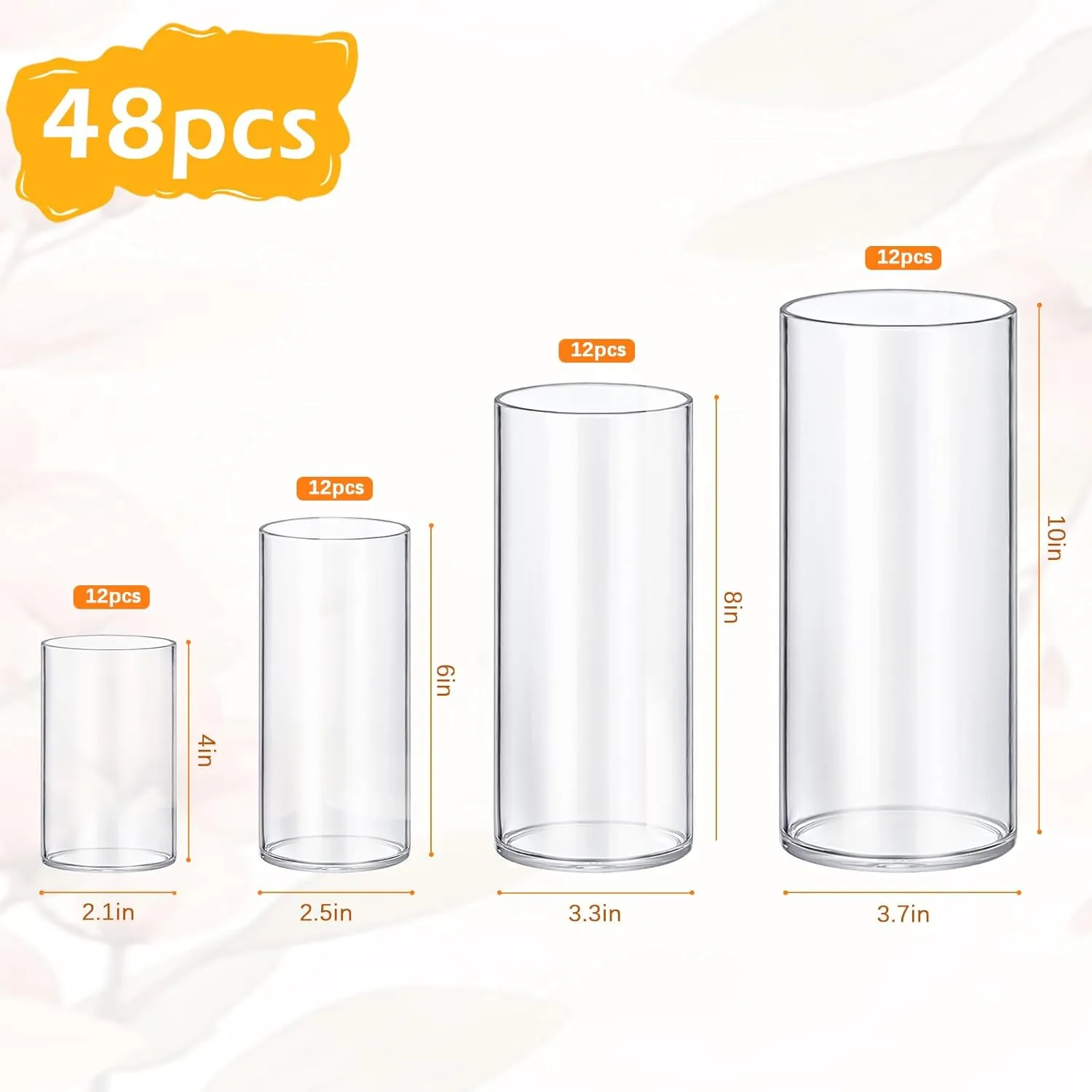 48 Pack Glass Cylinder Vases 4,6,8,10 Inch Tall Clear Flower Vase Hurricane Floating Candle Holder for Table Centerpiece Wedding Home Decor
