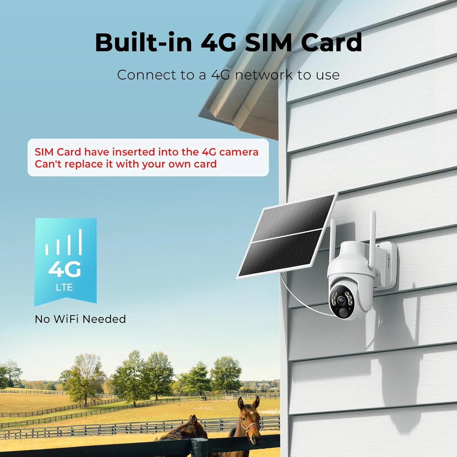 4G LTE Cellular Security Camera Outdoor, No WiFi Solar Security Camera Built in SIM Card, 360° Live View, 2K Color Night Vision, PIR Motion Detection&Alert, 2 Way Talk