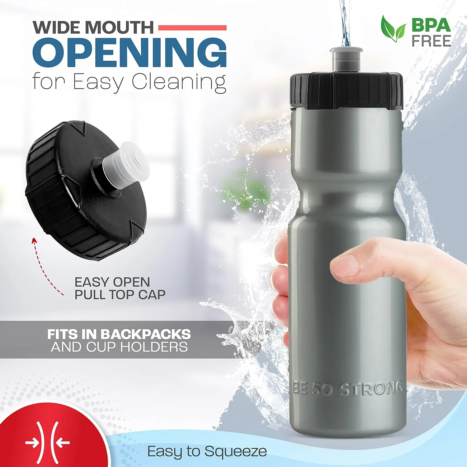 50 Strong Bulk Water Bottles | 24 Pack Sports Bottle | 22 oz. BPA-Free Easy Open with Pull Top Cap | Made in USA | Reusable Plastic Water Bottles for Adults & Kids | Top Rack Dishwasher Safe