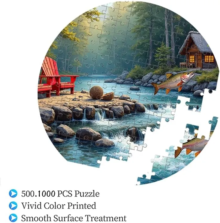 500 Piece Puzzle Forest River Scene with Jumping Fish and Cabin 18.9x18.9in Nature Landscape Jigsaw for Adults and Teens Relaxing Outdoor Game