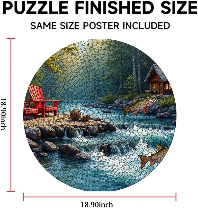 500 Piece Puzzle Forest River Scene with Jumping Fish and Cabin 18.9x18.9in Nature Landscape Jigsaw for Adults and Teens Relaxing Outdoor Game