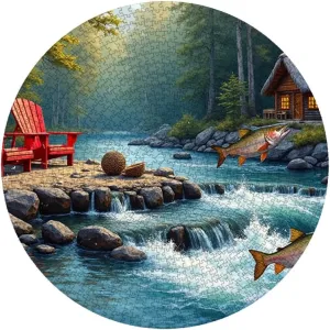 500 Piece Puzzle Forest River Scene with Jumping Fish and Cabin 18.9x18.9in Nature Landscape Jigsaw for Adults and Teens Relaxing Outdoor Game