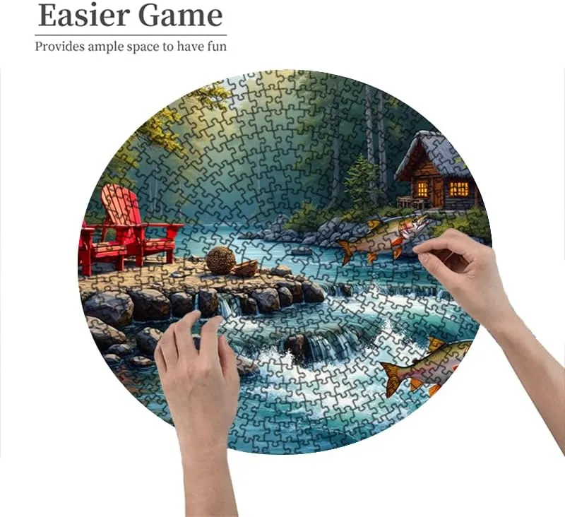 500 Piece Puzzle Forest River Scene with Jumping Fish and Cabin 18.9x18.9in Nature Landscape Jigsaw for Adults and Teens Relaxing Outdoor Game