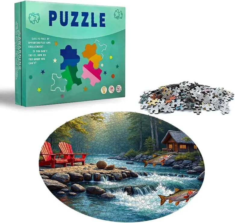 500 Piece Puzzle Forest River Scene with Jumping Fish and Cabin 18.9x18.9in Nature Landscape Jigsaw for Adults and Teens Relaxing Outdoor Game