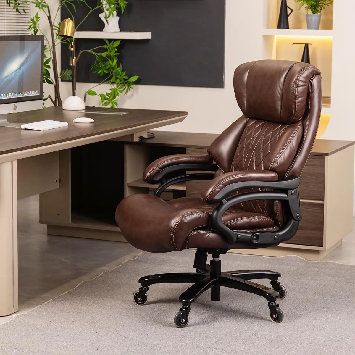 500lbs Extra Wide Executive Office Chair Heavy Duty Big and Tall Office Chair Computer Desk Chair for Heavy People Adjustable Lumbar Support Home Office Desk Chair (Brown)