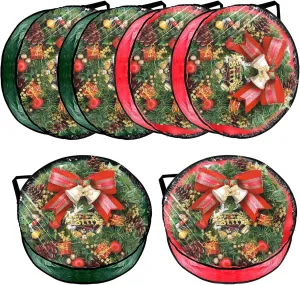 6 Pcs Christmas Wreath Storage Bag, 24" Dia Round Wreath Storage Container with Clear Window, Tear Resistant Wreath Boxes for Christmas Holiday Seasonal Storage (Red×3 ＆ Green×3)