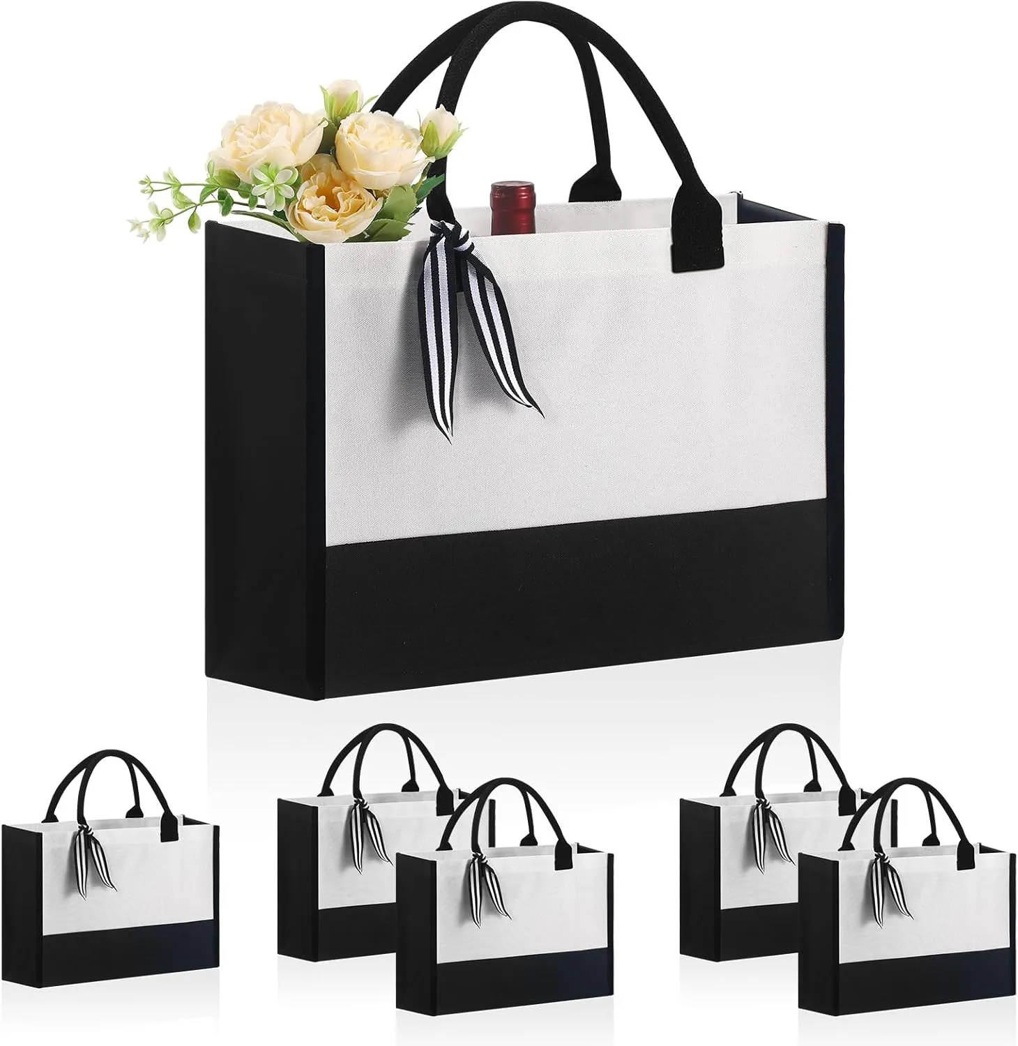 6 PCS Personalized Classic Canvas Tote Bag(Black and White), Inside Zipper Pocket Grocery Tote DIY Gift， for Wedding, Birthday, Beach, Perfect Gifts for Women, Mom, Teachers, Friends
