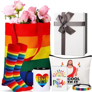 7 Pcs Pride Month Gifts Set Pride Tote Bag Rainbow Makeup Bag Lgbtq Socks Lesbian Mug Gay Bracelet and Card with Gift Box for Bisexual Transgender Queer Friend Stuff Accessories